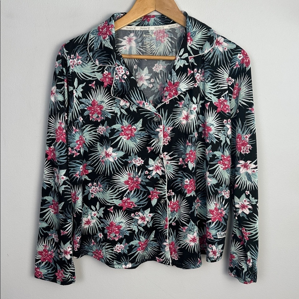 Hurley Pajama Set Large Jogger Pants Pockets Button Long Sleeve Matching Bra 36C - Picture 3 of 16